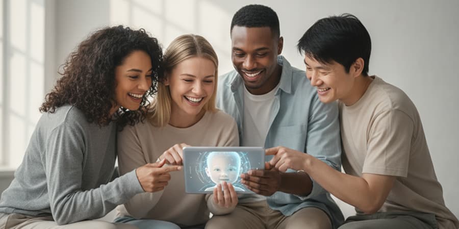 Parents viewing a generated baby image on a tablet, showcasing the excitement of future parenthood
