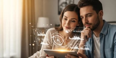 Couple thoughtfully viewing AI data visualizations on a tablet for family planning.