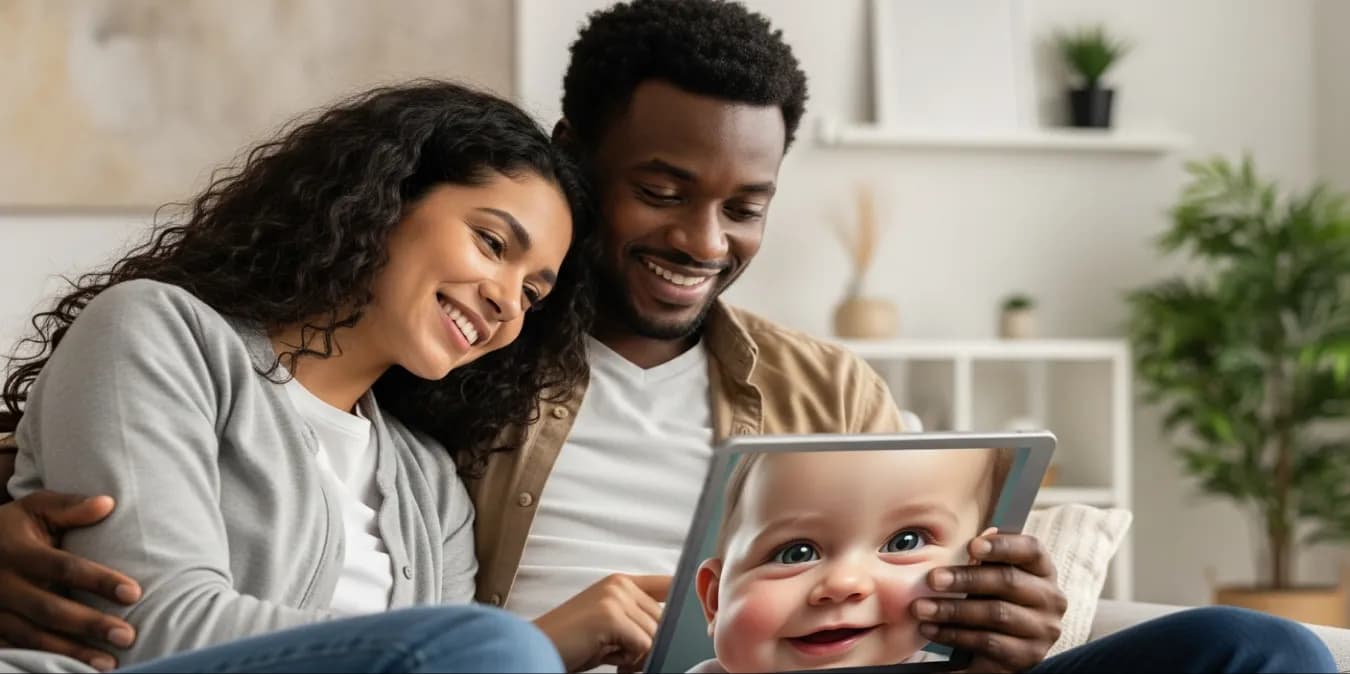 Diverse couple smiling at a tablet displaying an AI-generated baby face, in a warm setting.