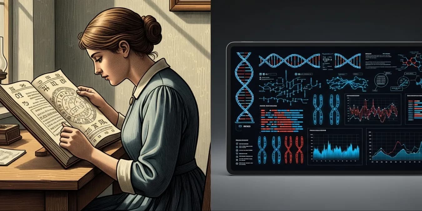 Historical and modern baby prediction methods contrasted, from old almanacs to digital genetic analysis.