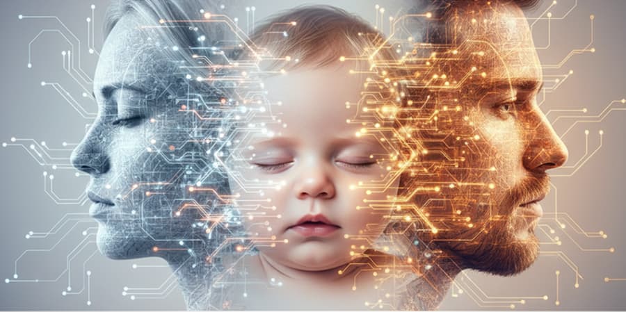 Abstract illustration showing the high-fidelity blending process of two parent faces into a baby face