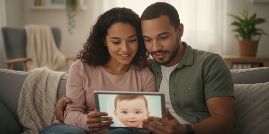 Expectant couple viewing an AI-generated baby image on a tablet, expressing wonder.