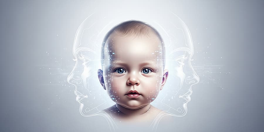 Digital portrait of a baby's face, blending features from two subtly visible parent outlines, against a clean, futuristic background.