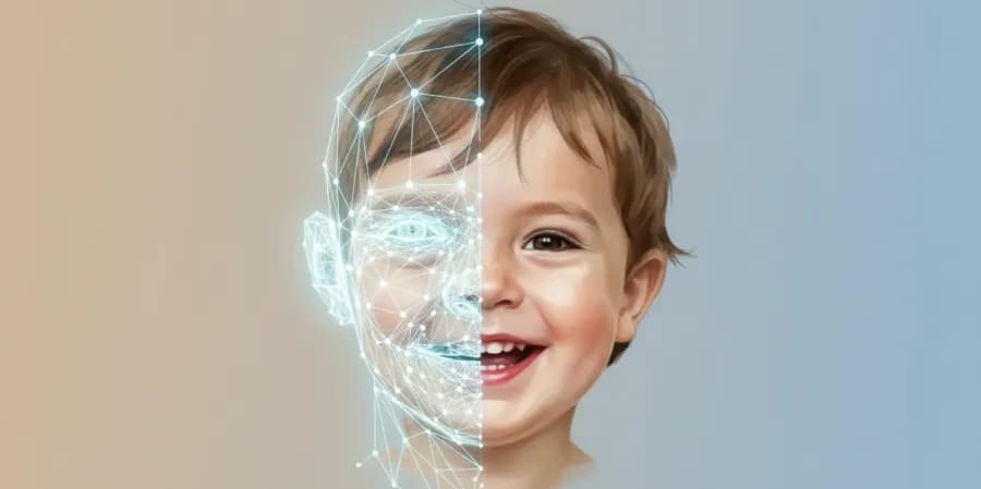 Abstract geometric wireframe blending into a realistic portrait of a toddler on neutral background