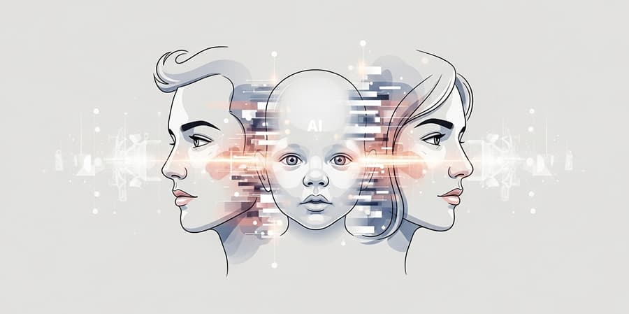 Illustration of two parent faces merging into a predicted baby face using digital AI data
