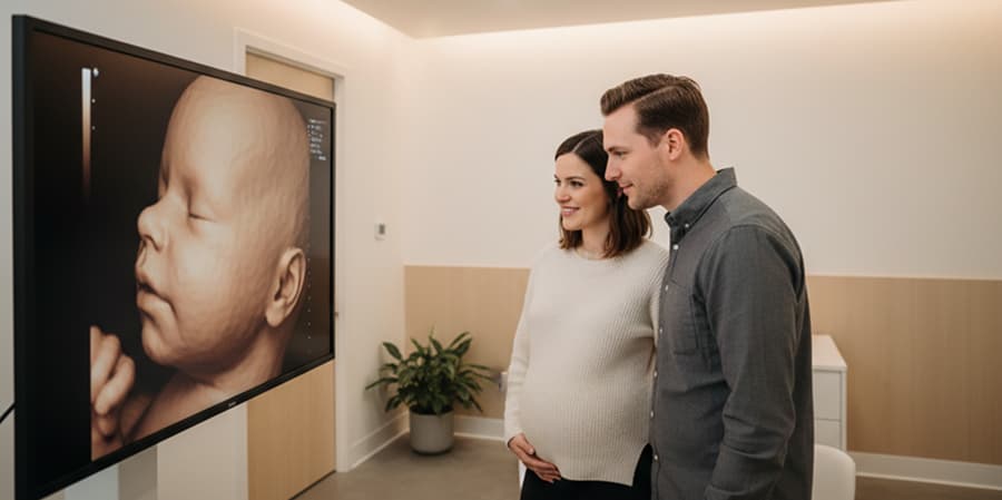 Parents viewing a detailed 3D ultrasound image of a fetus, focusing on early connection and visualization technology