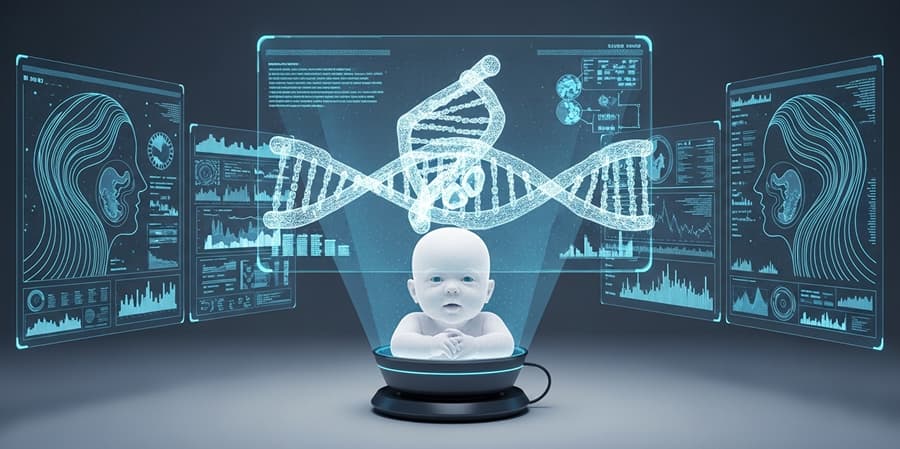 AI technology synthesizing a baby's face model from digital portraits of two parents using complex algorithms