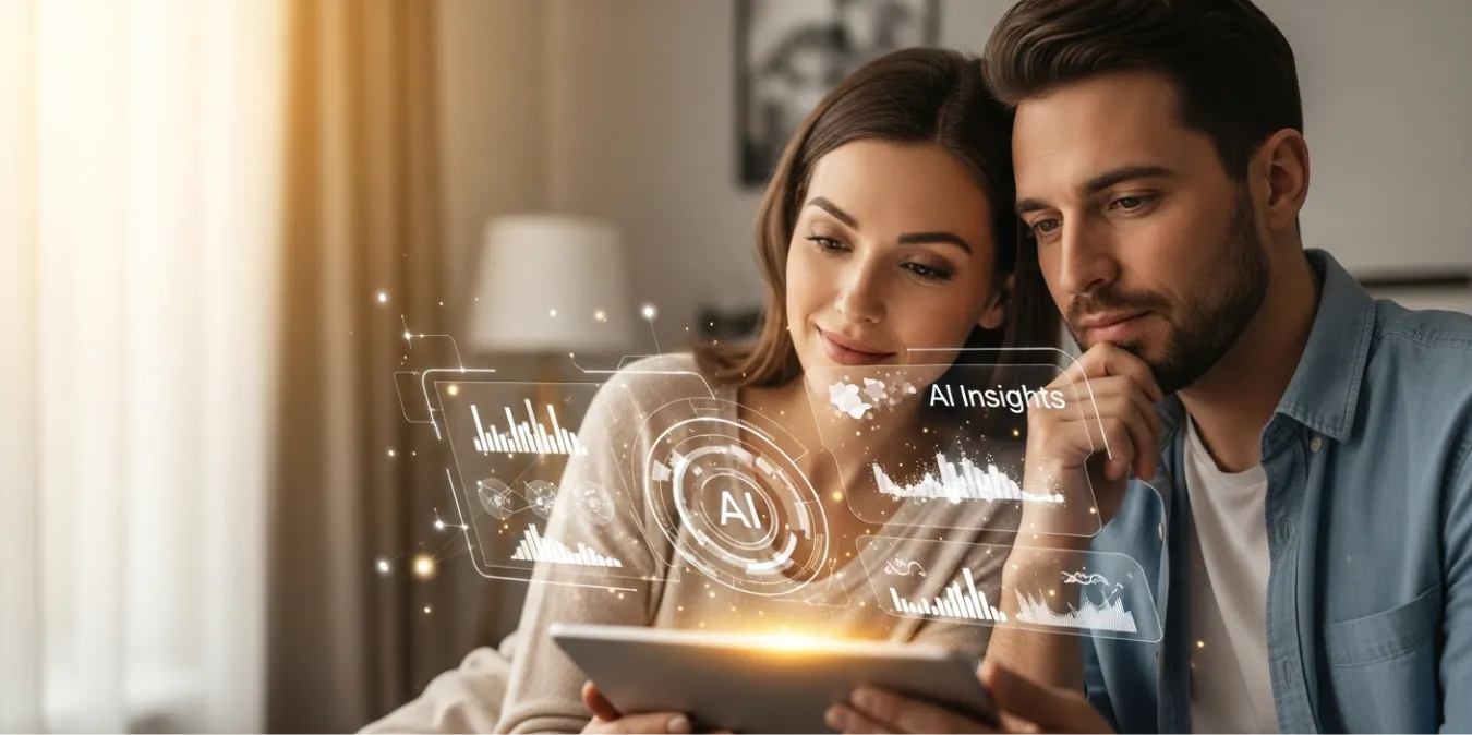 Couple thoughtfully viewing AI data visualizations on a tablet for family planning.