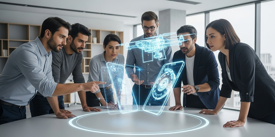 Professionals interacting with advanced 3D product visualizations on a holographic interface