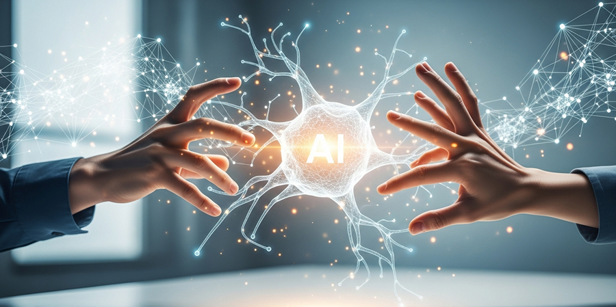 Two hands, one perfect, one distorted, reaching for a glowing AI neural network in a futuristic setting.