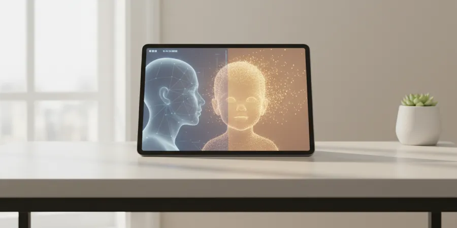 Tablet displaying digital facial mapping and AI generation of a child's face