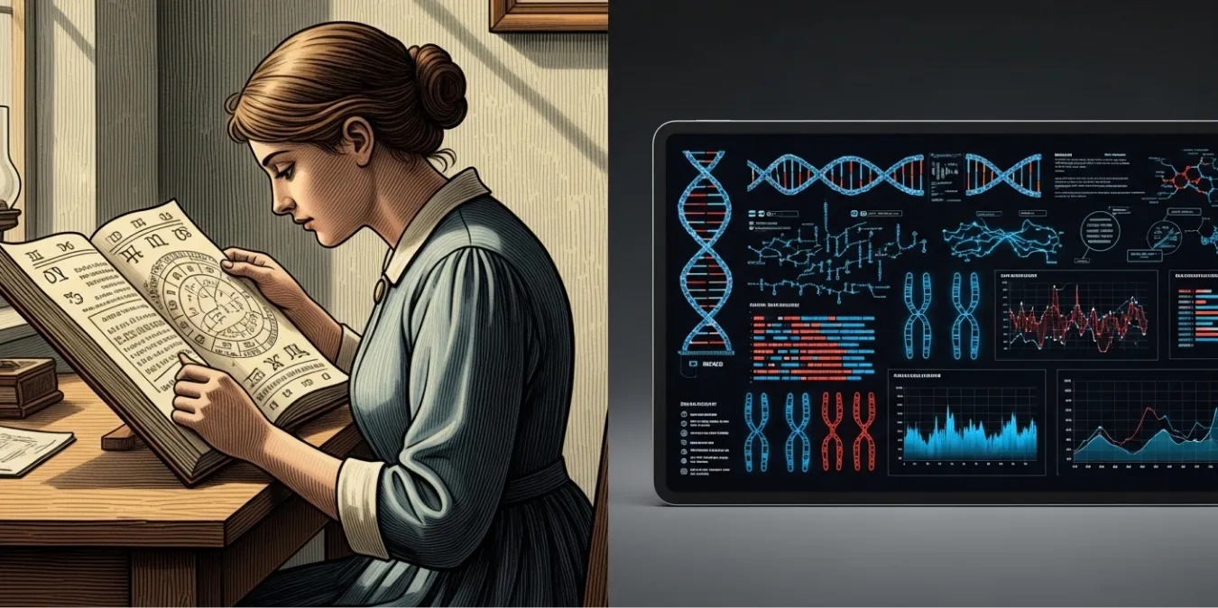 Historical and modern baby prediction methods contrasted, from old almanacs to digital genetic analysis.