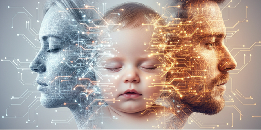 Abstract illustration showing the high-fidelity blending process of two parent faces into a baby face