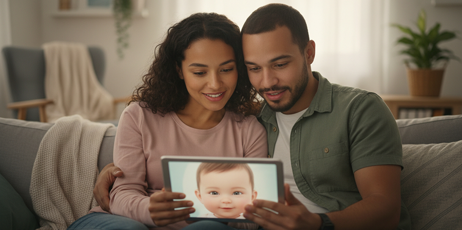 Expectant couple viewing an AI-generated baby image on a tablet, expressing wonder.