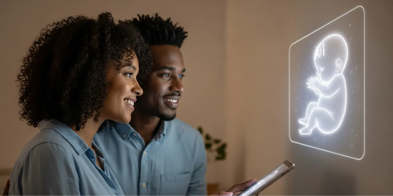Couple joyfully viewing an AI-generated baby image on a screen for a creative announcement.