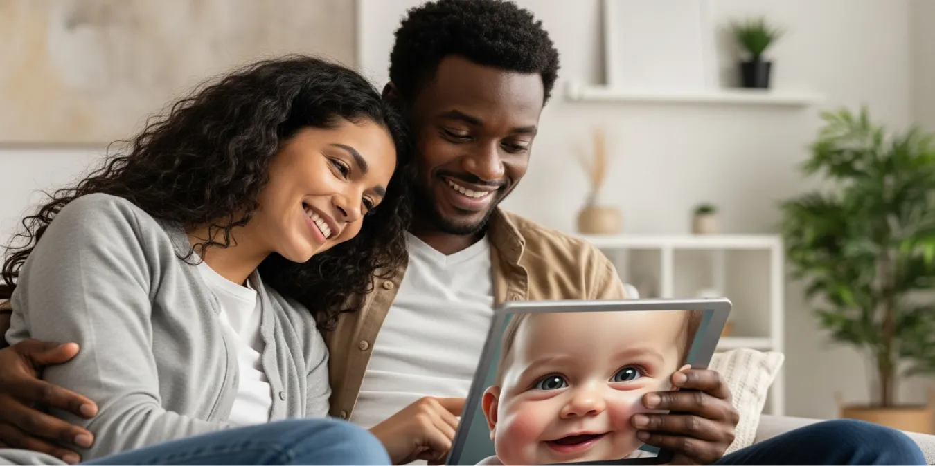 Diverse couple smiling at a tablet displaying an AI-generated baby face, in a warm setting.