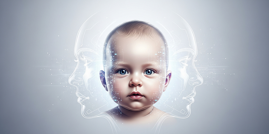 Digital portrait of a baby's face, blending features from two subtly visible parent outlines, against a clean, futuristic background.