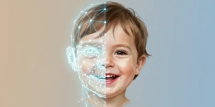 Abstract geometric wireframe blending into a realistic portrait of a toddler on neutral background.