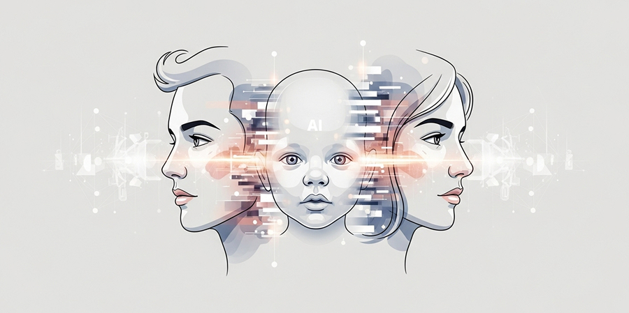 Illustration of two parent faces merging into a predicted baby face using digital AI data