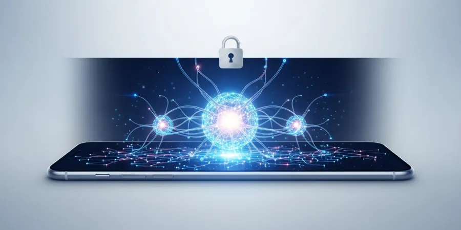 Conceptual illustration of a smartphone protected by a digital lock icon and neural network