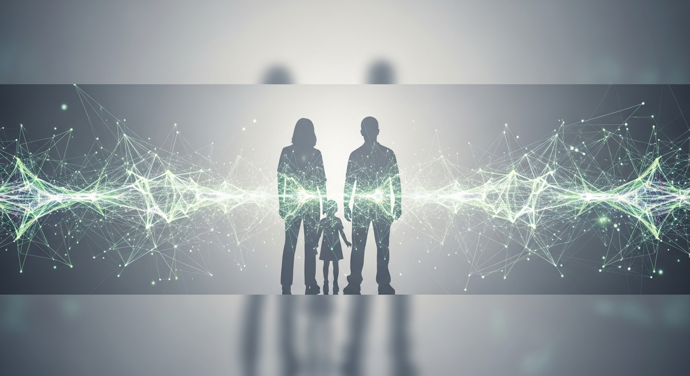 Abstract representation of AI and family genetics, showing neural networks on a family silhouette