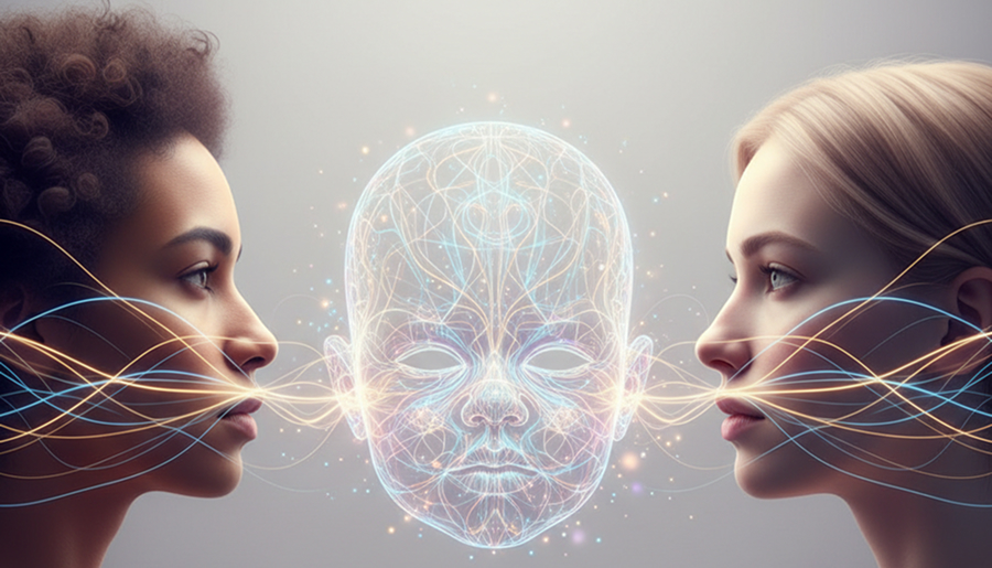 Digital illustration showing two parent faces blending into a hypothetical baby face using abstract AI network lines