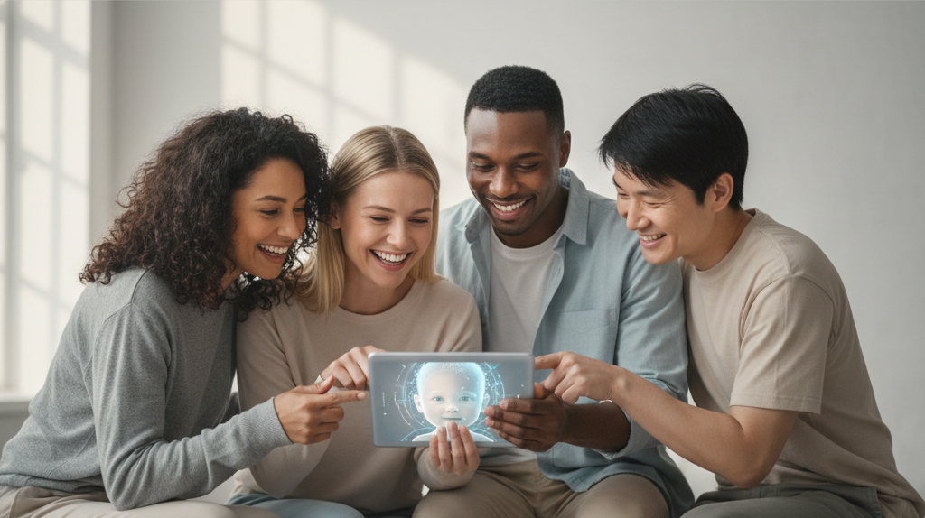 Parents viewing a generated baby image on a tablet, showcasing the excitement of future parenthood